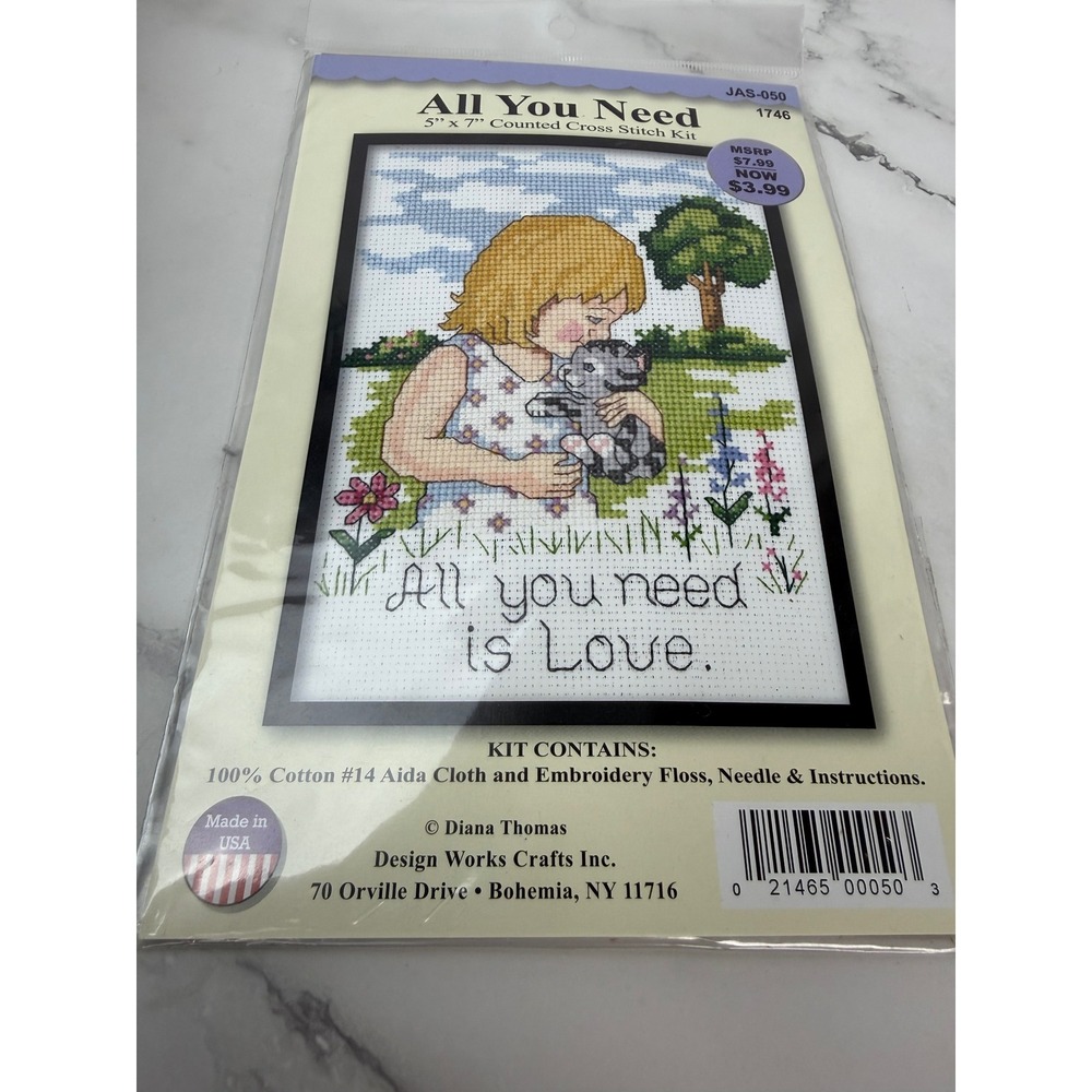 Design Works ALL YOU NEED IS LOVE Girl & Kitten Counted Cross Stitch Kit 5" x 7"